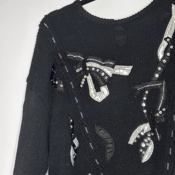 Vintage 1980s Black Sweater Appliqué Embroidery Beadwork Shenanigans Size Large - Picture 2 of 10